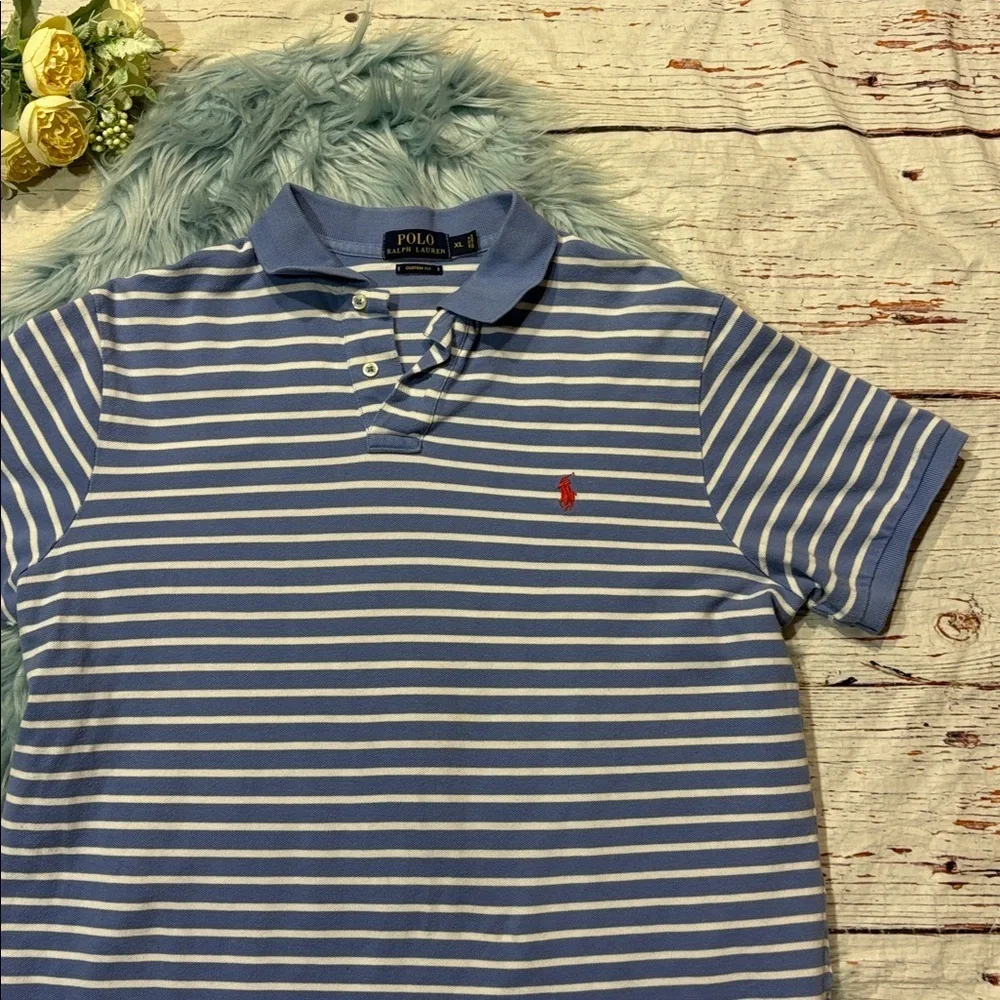 RALPH LAUREN Custom Fit Blue White Striped Red Logo Polo Shirt Top